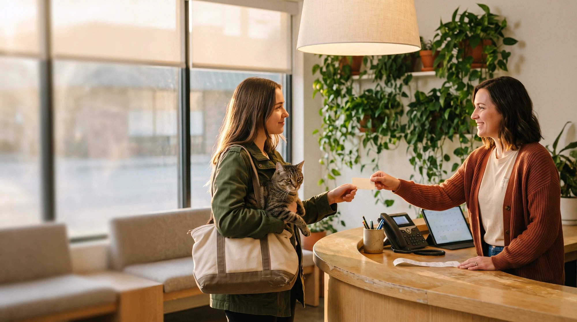 A smiling receptionist in a rust cardigan handing a card across a curved wooden front desk to a young woman in an olive jacket holding a tabby cat, with a desk phone, a tablet calendar, and trailing plants behind them